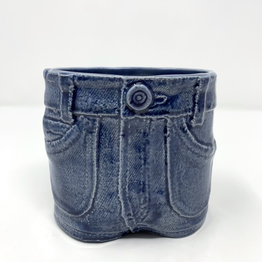 Vintage DENIM Look Blue Jeans Ceramic Planter Vase Textured Pop Art Novelty - Picture 2 of 11